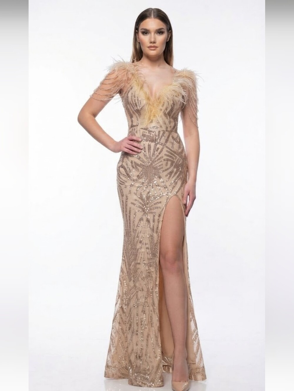 Gold, Geo Print, Ostrich Feather V Neck, Beaded Sleeves, Sequined Mermaid Gown